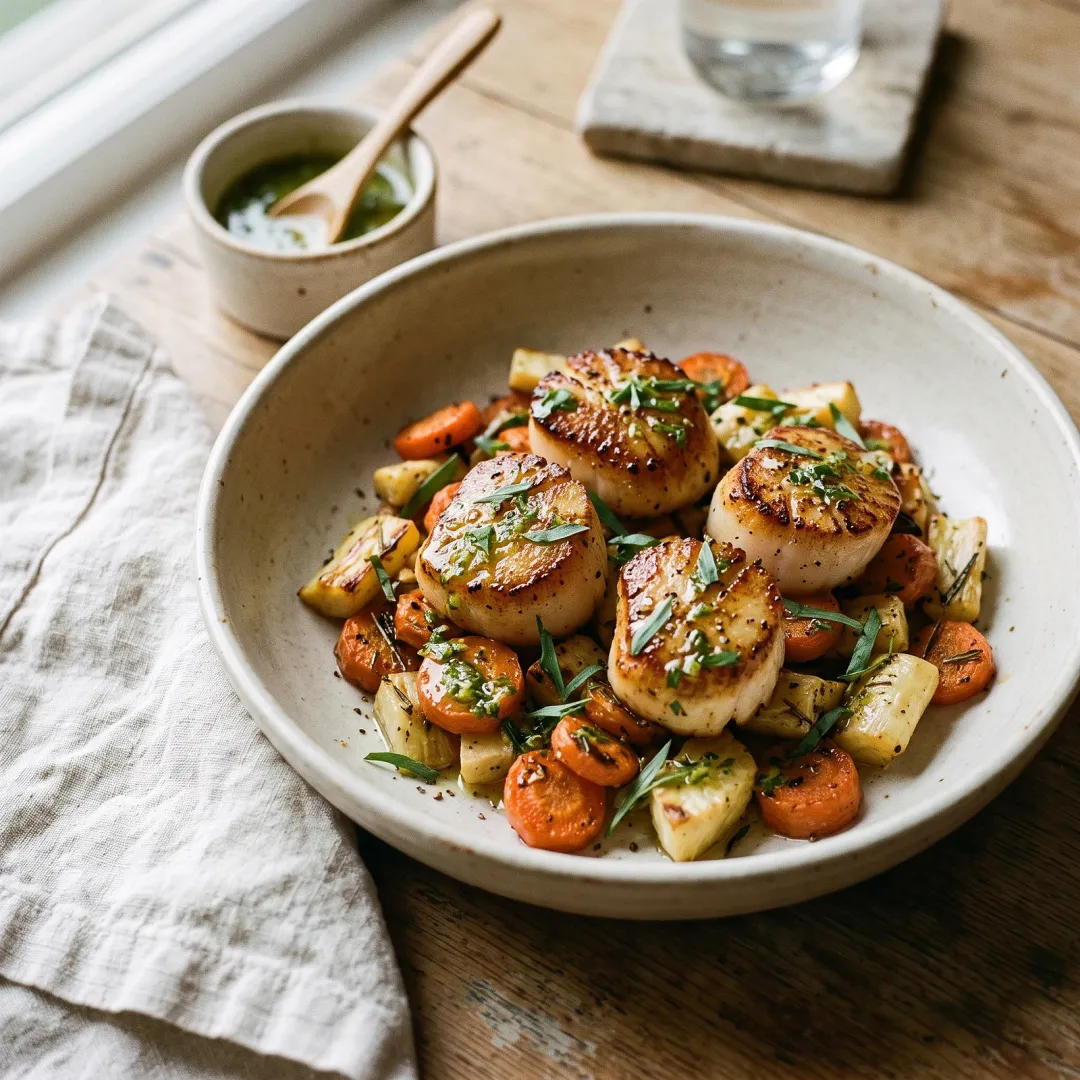 Grilled Scallop Bowl with Roasted Carrots, Parsnips, and Tarragon Citrus Drizzle