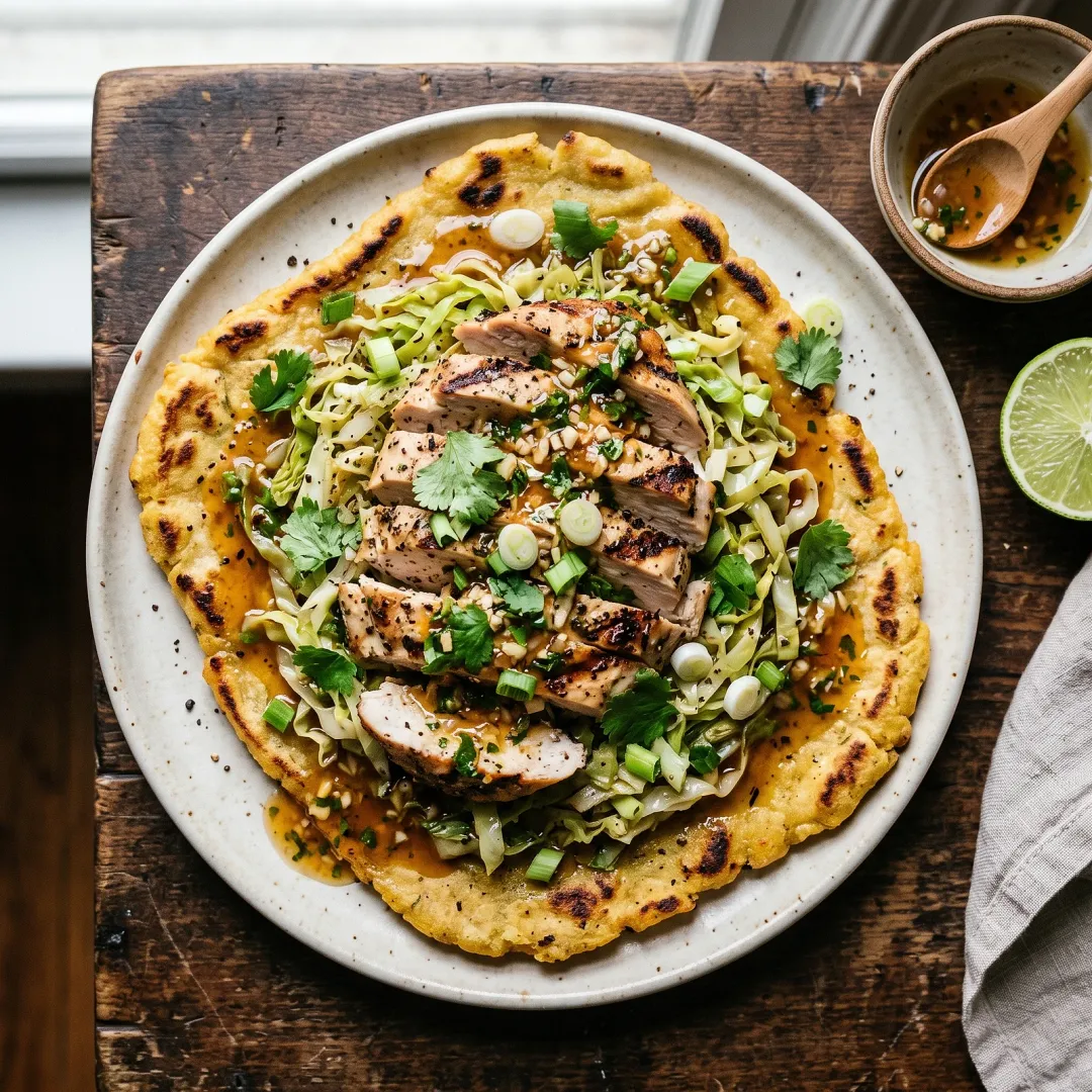 Grilled Turkey and Shredded Cabbage Plantain Flatbread with Coconut Vinegar Herb Drizzle