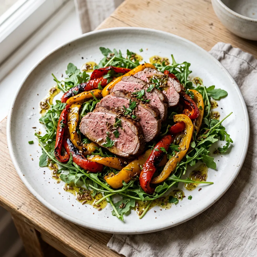 Roasted Bell Pepper and Lamb Salad with Caraway-Herb Dressing