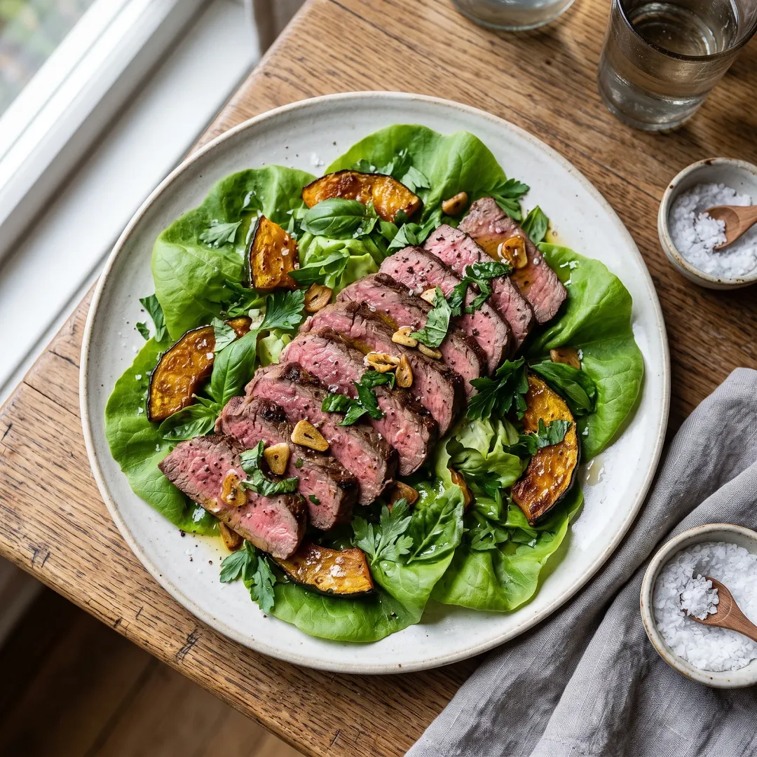 Seared Beef and Roasted Kabocha Squash Salad with Basil and Garlic Oil