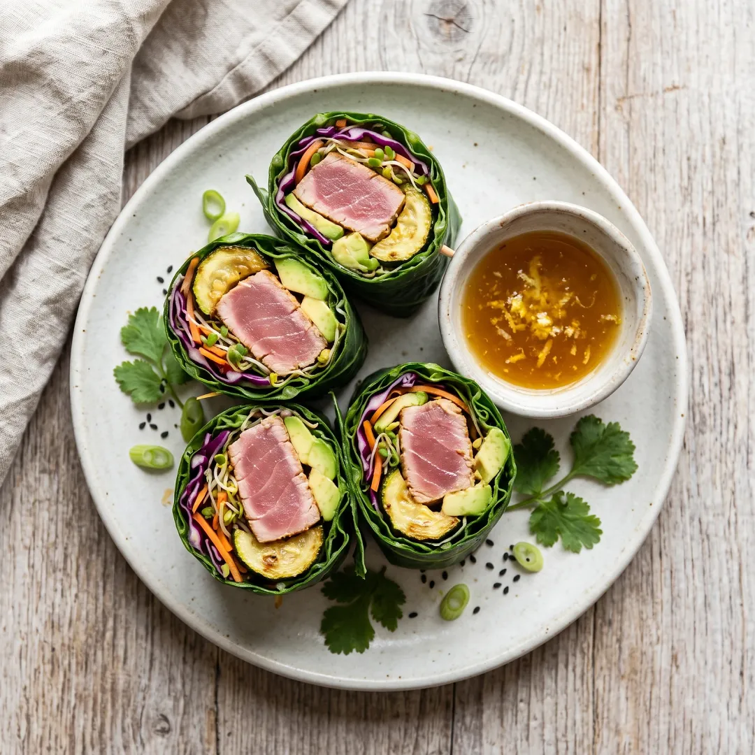 Seared Tuna and Zucchini Collard Wraps with Ginger Citrus Drizzle