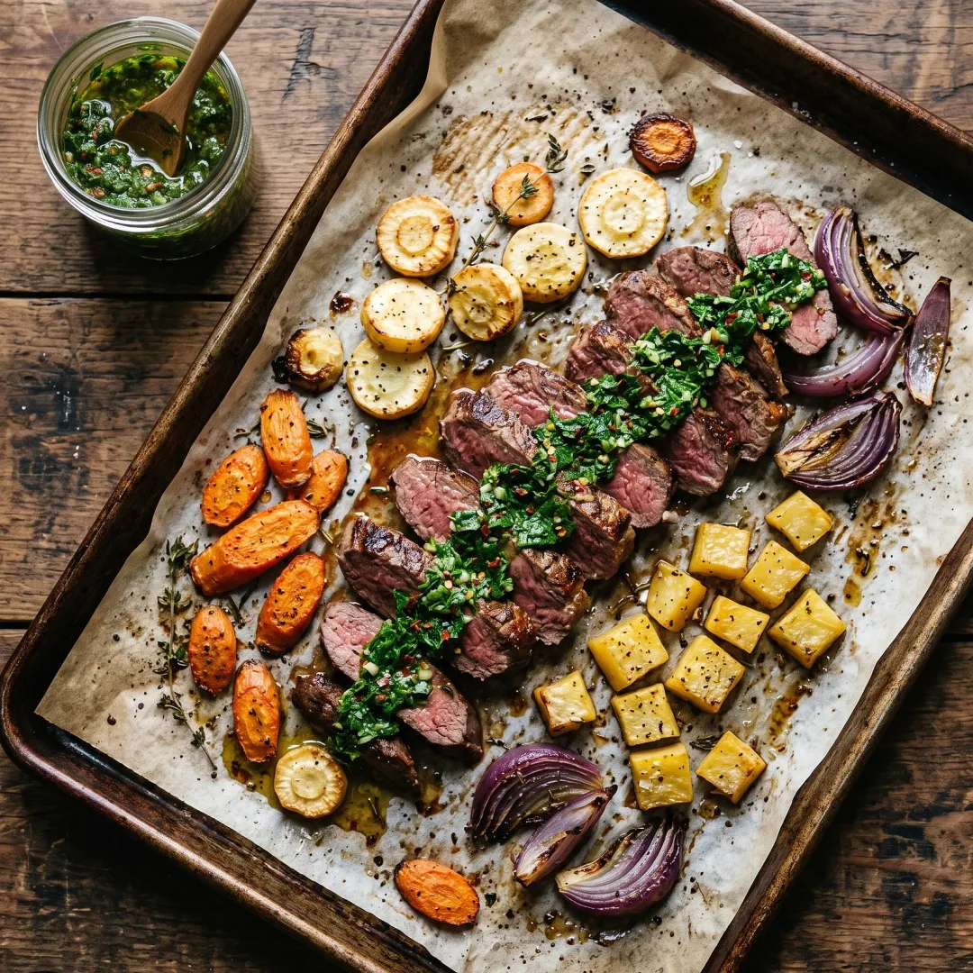 Sheet Pan Elk with Roasted Root Vegetables and Herb Chimichurri. AI-generated image.
