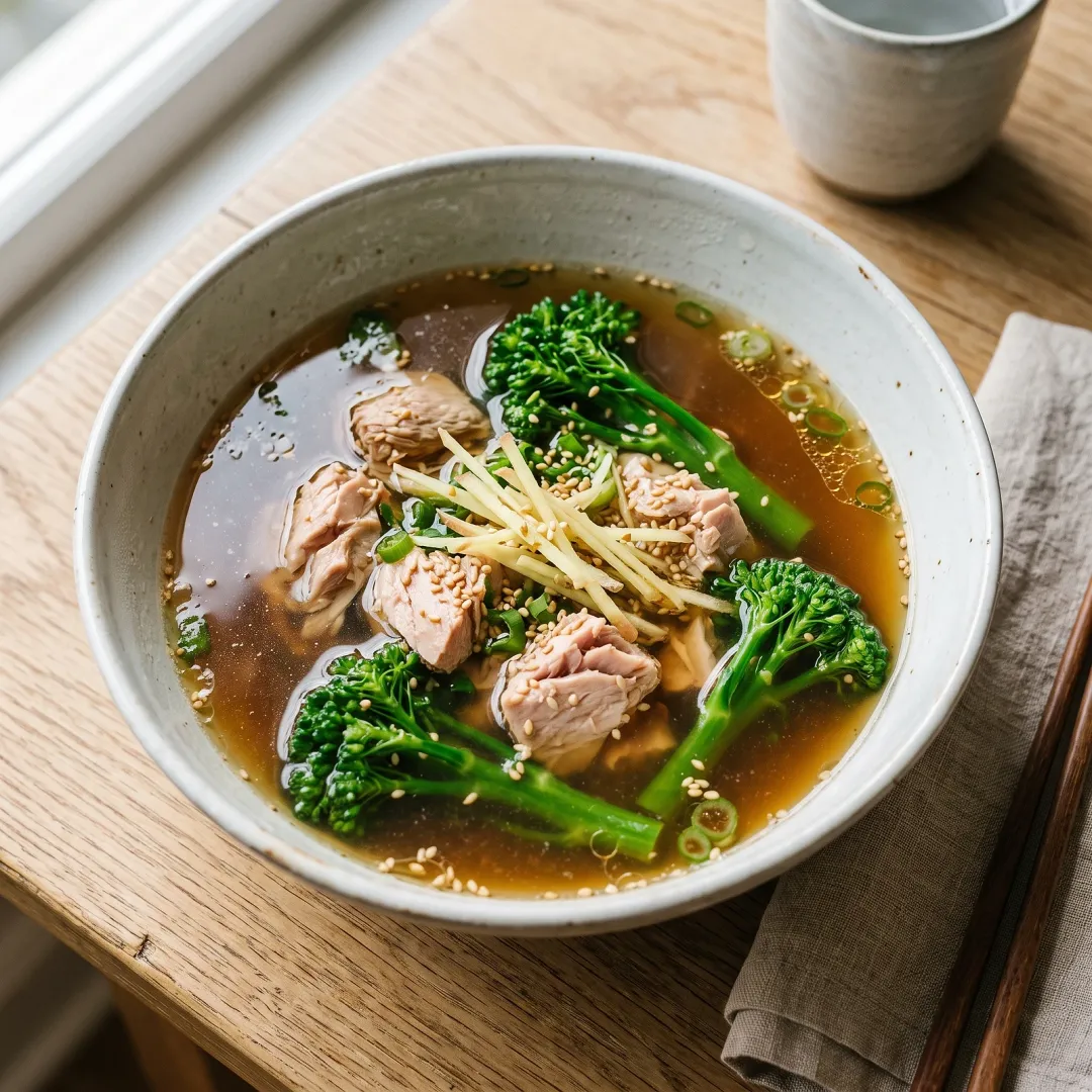 Slow-Simmered Tuna and Broccolini Ginger Dashi Soup
