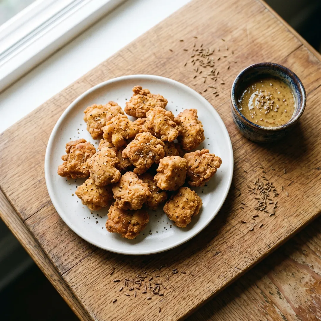 Bavarian Chicken Schmaltz Bites with Caraway Mustard Dip