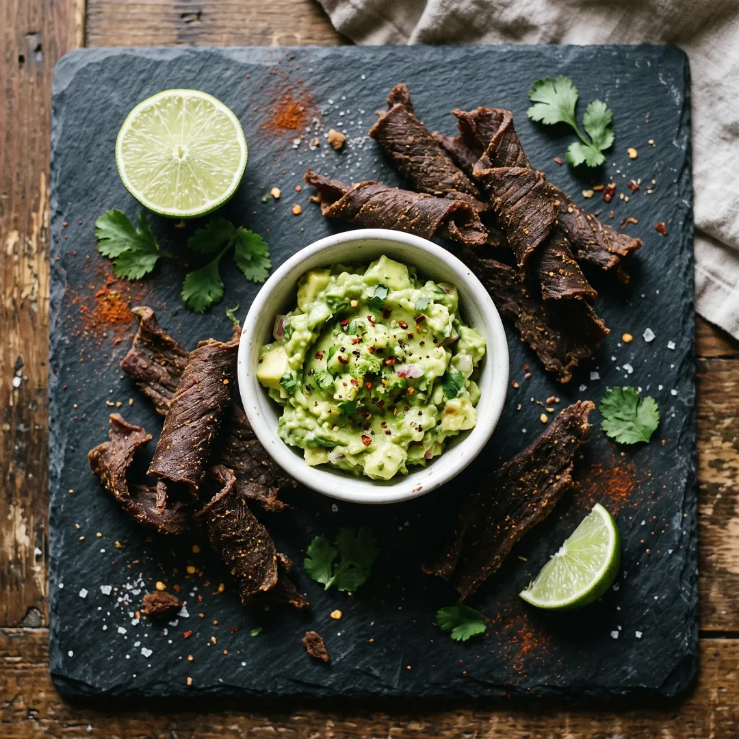 Elk Carne Seca Bites with Avocado Lime Dip. AI-generated image.
