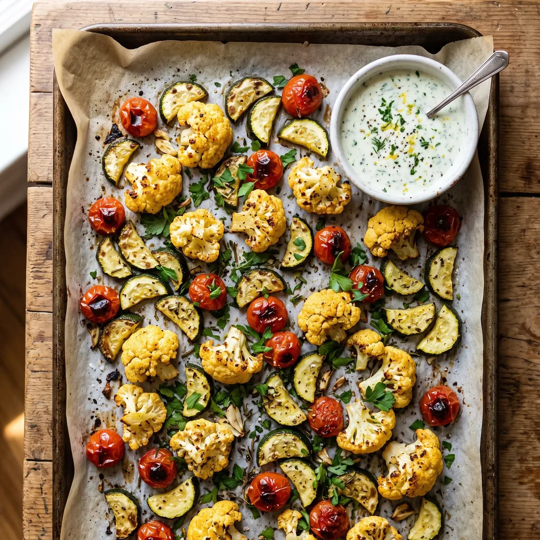 Sheet Pan Roasted Veggie Bites with Lemon Herb Dipping Sauce