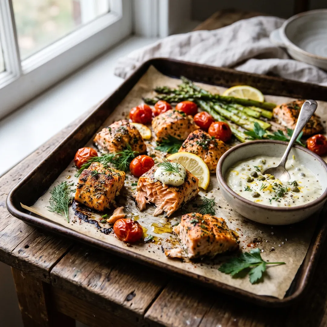 Sheet Pan Salmon Bites with Lemon Caper Aioli