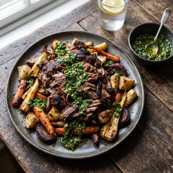 Slow-Smoked Goat Shoulder with Chimichurri and Roasted Root Vegetables