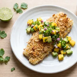 Almond and Coconut Crusted Baked Cod with Mango Avocado Salsa