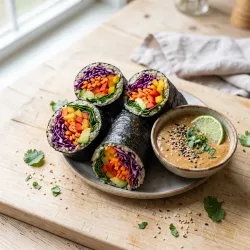 Rainbow Veggie Nori Wraps with Sesame Ginger Almond Sauce