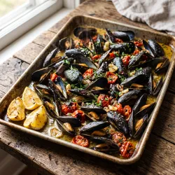 Sheet Pan White Wine Garlic Mussels with Herbed Tomato Oil