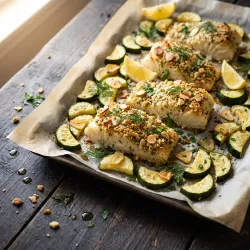 Almond and Herb Crusted Baked Cod with Lemon Garlic Zucchini