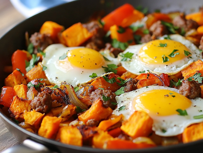 Sweet Potato Paleo Breakfast Hash with Sausage and Eggs