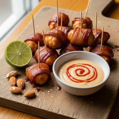 Honey Glazed Bacon Wrapped Chicken Bites with Spicy Almond Dipping Sauce