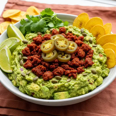 Spicy Loaded Guacamole with Crispy Chorizo and Pickled Jalapeños