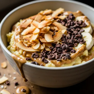 Banana Almond Butter Paleo Breakfast Bowl with Toasted Coconut and Cacao Nibs