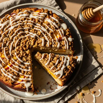 Almond Flour Peach Crumble Cake with Honey Vanilla Glaze