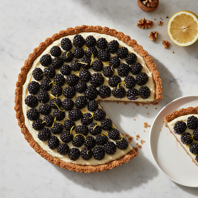 Blackberry Lemon Coconut Cream Tart with Walnut Date Crust