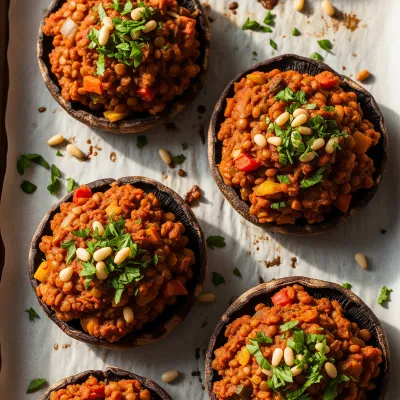 Baked Lentil and Roasted Vegetable Stuffed Portobello Mushrooms