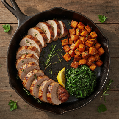 Garlic Herb Skillet Pork Tenderloin with Roasted Sweet Potatoes and Wilted Greens