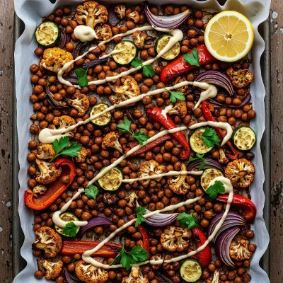 Smoky Harissa Sheet-Pan Chickpeas and Vegetables with Lemon Tahini Drizzle