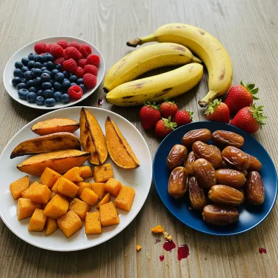 Paleo-friendly carbohydrates: roasted sweet potato, butternut squash, plantains, banana, berries and dates