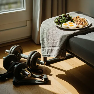 Well-used dumbbells and a resistance band on a wooden floor beside a plate of grilled chicken, eggs and greens