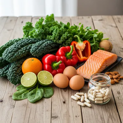 Vitamin-rich whole foods on a wooden table beside a small jar of supplement capsules