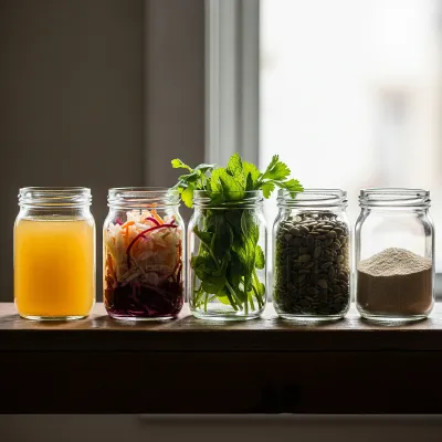 Five glass jars in a row holding gut-healing staples: bone broth, fermented vegetables, herbs, seeds and powder