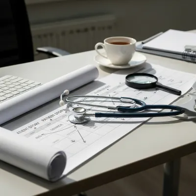 A clinician's desk with a patient-history timeline, stethoscope and handwritten notes