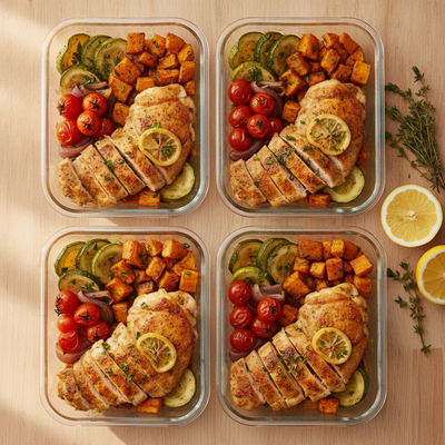 Lemon Herb Chicken and Roasted Veggie Meal Prep Bowls