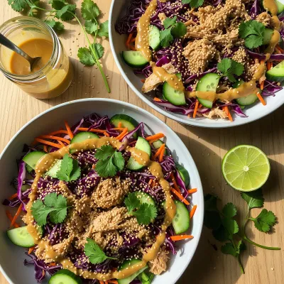 Smashed Cucumber and Pulled Chicken Salad with Almond Ginger Dressing