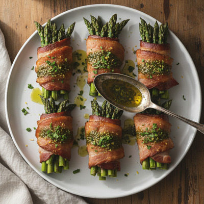 Bacon-Wrapped Asparagus Bundles with Garlic Herb Drizzle