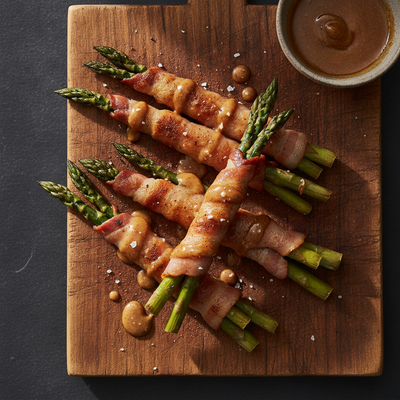Bacon-Wrapped Roasted Asparagus Spears with Smoky Almond Butter Drizzle