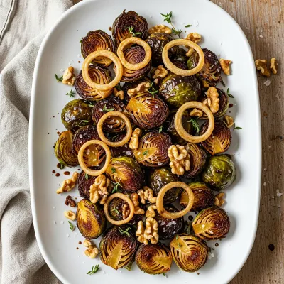 Balsamic Maple Roasted Brussels Sprouts with Toasted Walnuts and Crispy Shallots