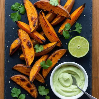 Chili-Lime Baked Sweet Potato Wedges with Smoky Avocado Crema