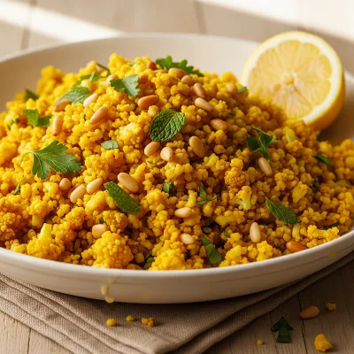 Golden Turmeric Cauliflower Rice Pilaf with Toasted Pine Nuts and Herbs