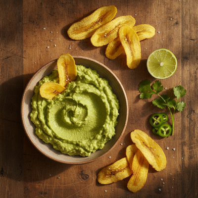 Crispy Oven-Baked Plantain Chips with Chunky Avocado Lime Dip