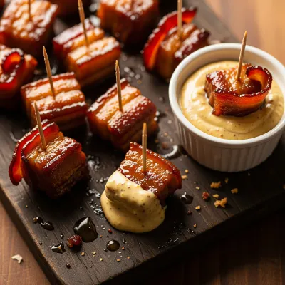 Maple Bacon Pork Belly Snack Bites with Smoky Mustard Dip
