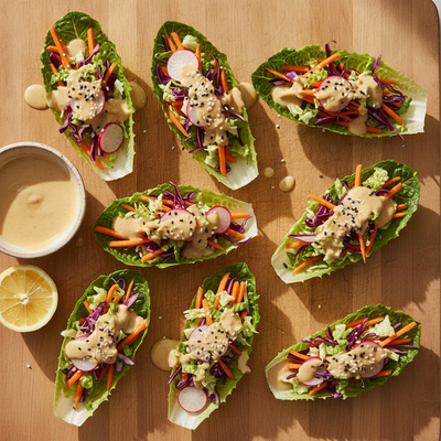 Shredded Rainbow Slaw Cups with Lemon Tahini Drizzle