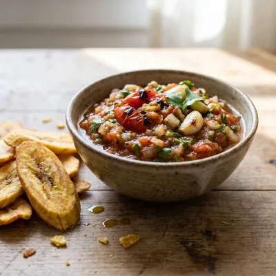 Charred Tomato and Roasted Garlic Paleo Salsa with Plantain Chips