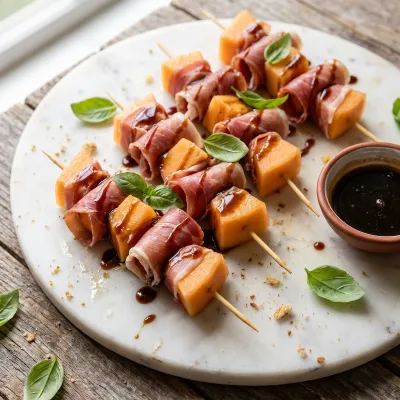 Prosciutto-Wrapped Cantaloupe Skewers with Honey Balsamic Glaze and Fresh Basil