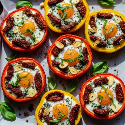 Sun-Dried Tomato and Herb Baked Eggs in Roasted Pepper Cups