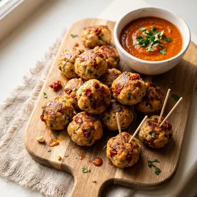 Sun-Dried Tomato and Herb Paleo Turkey Meatballs with Romesco Dipping Sauce