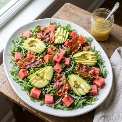 Watermelon Arugula Salad with Prosciutto Crisps and Honey Lime Vinaigrette