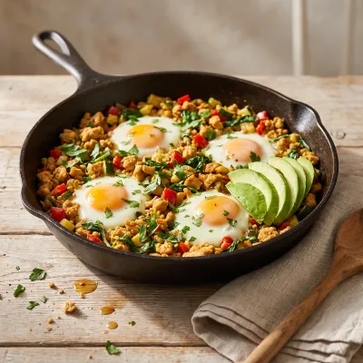 Savory Turkey and Veggie Paleo Breakfast Skillet with Fried Eggs