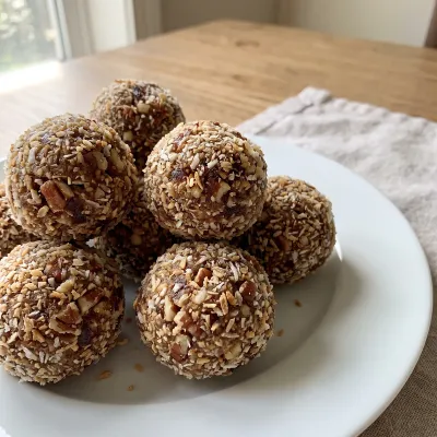 Sticky Date Caramel Paleo Bliss Balls with Toasted Coconut and Pecans