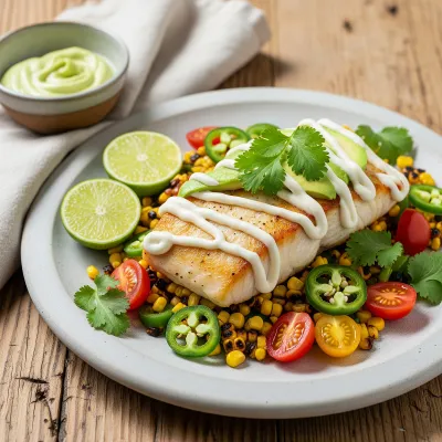 Cilantro Lime Halibut with Charred Corn Salsa and Avocado Crema
