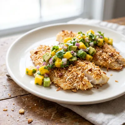 Coconut-Almond Crusted Tilapia with Mango Avocado Salsa