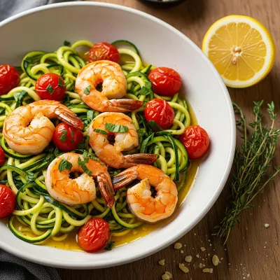 Sizzling Garlic Herb Shrimp with Roasted Cherry Tomatoes and Zucchini Noodles